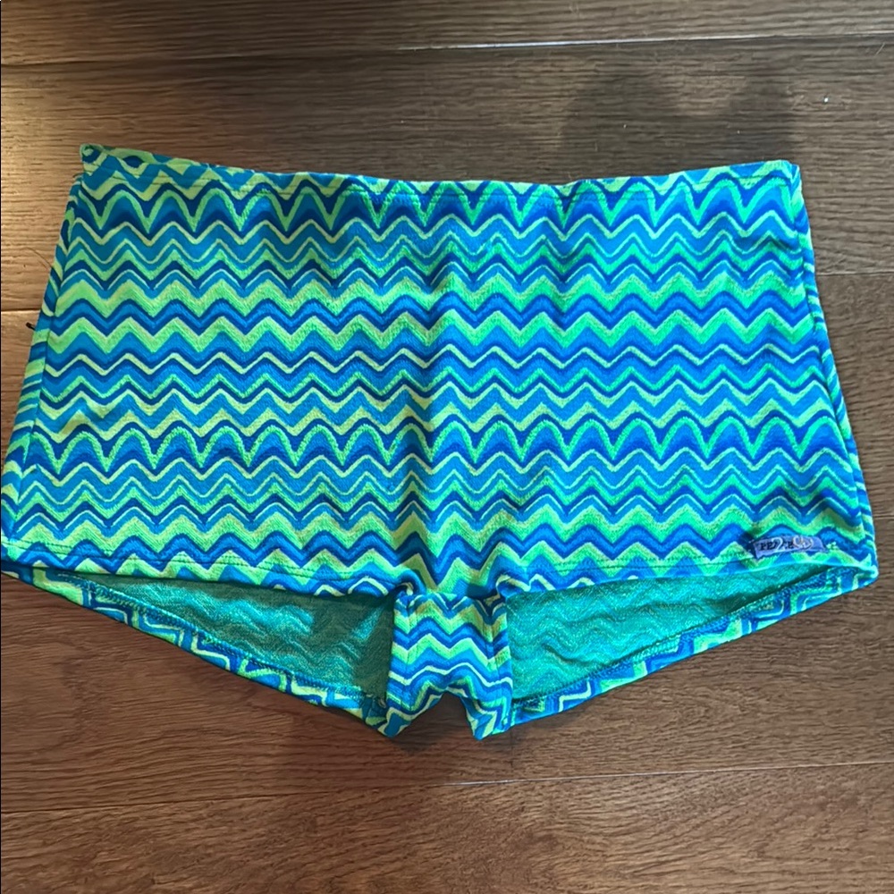 Women’s Vintage Aqua and Lime Zigzag Swim Shorts